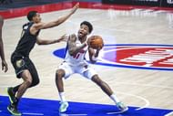 Saddiq Bey #41 of the Detroit Pistons drives to the basket.
